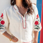 Women's White Red Embroidered Long Sleeve Blouse