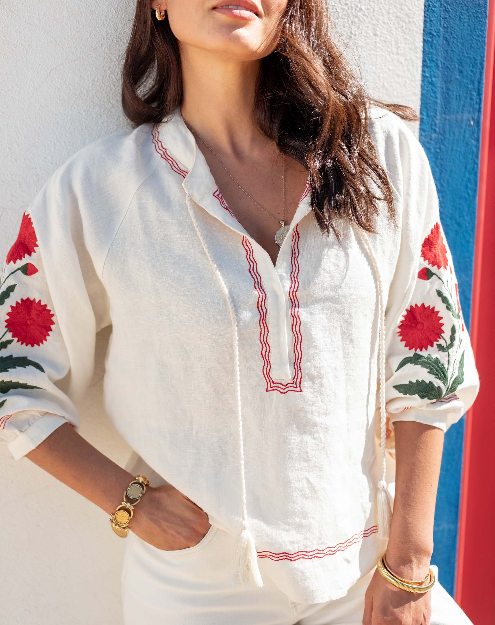 Women's White Red Embroidered Long Sleeve Blouse