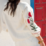 Women's White Red Embroidered Long Sleeve Blouse