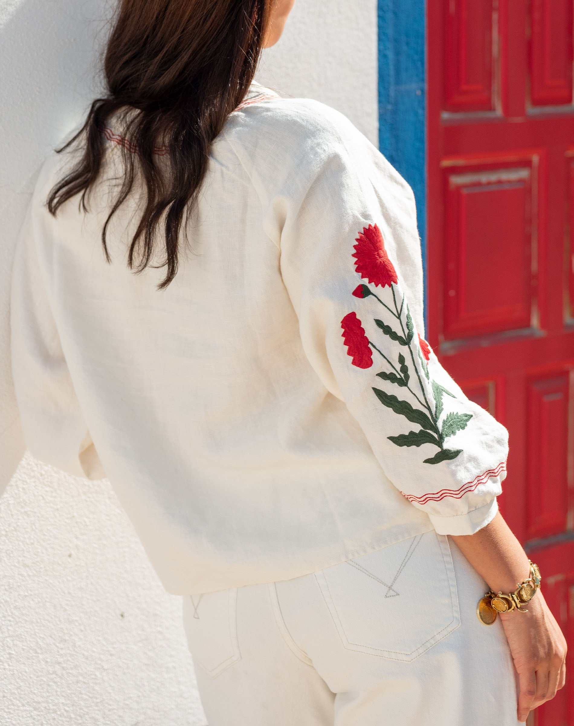 Women's White Red Embroidered Long Sleeve Blouse