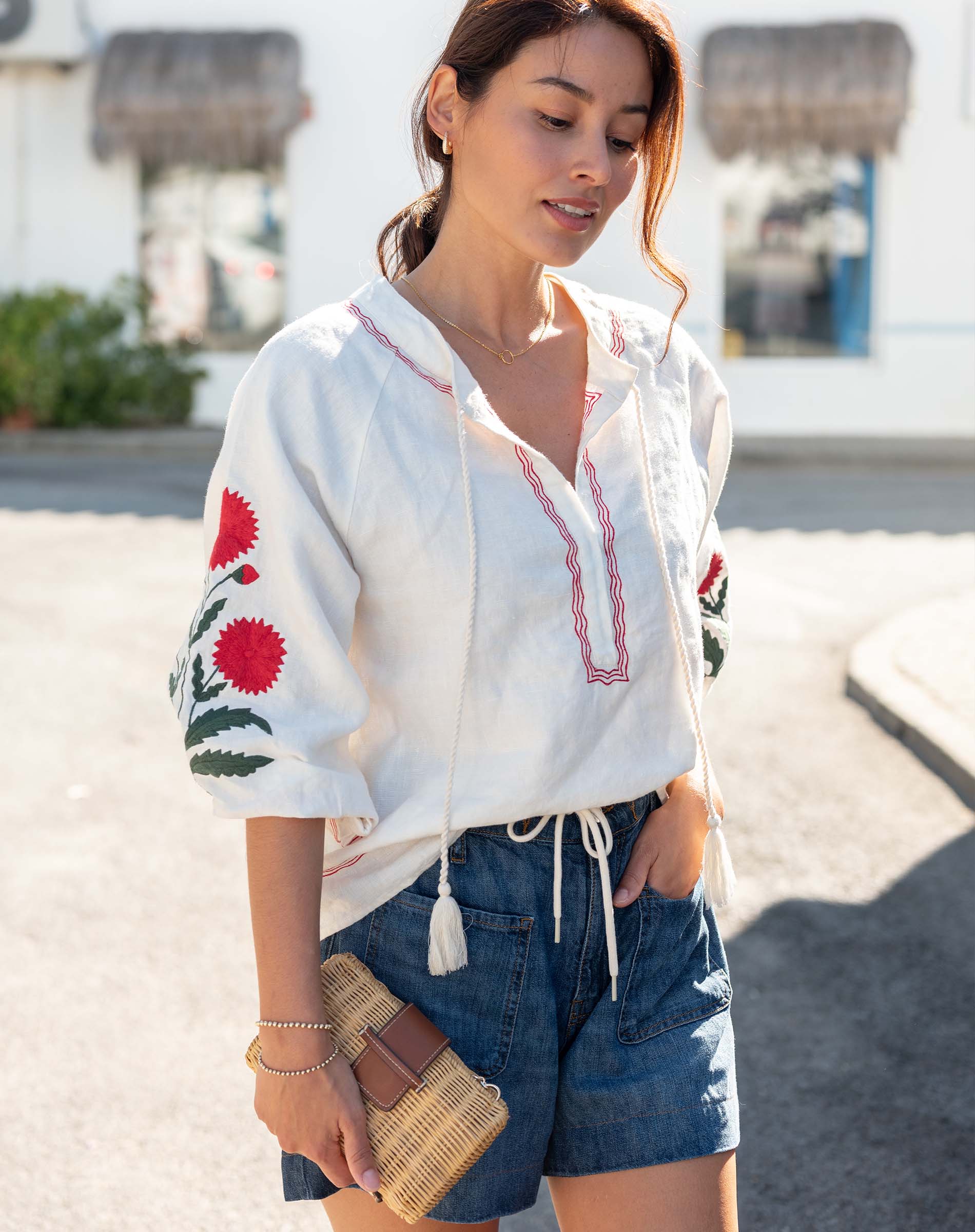 Women's White Red Embroidered Long Sleeve Blouse