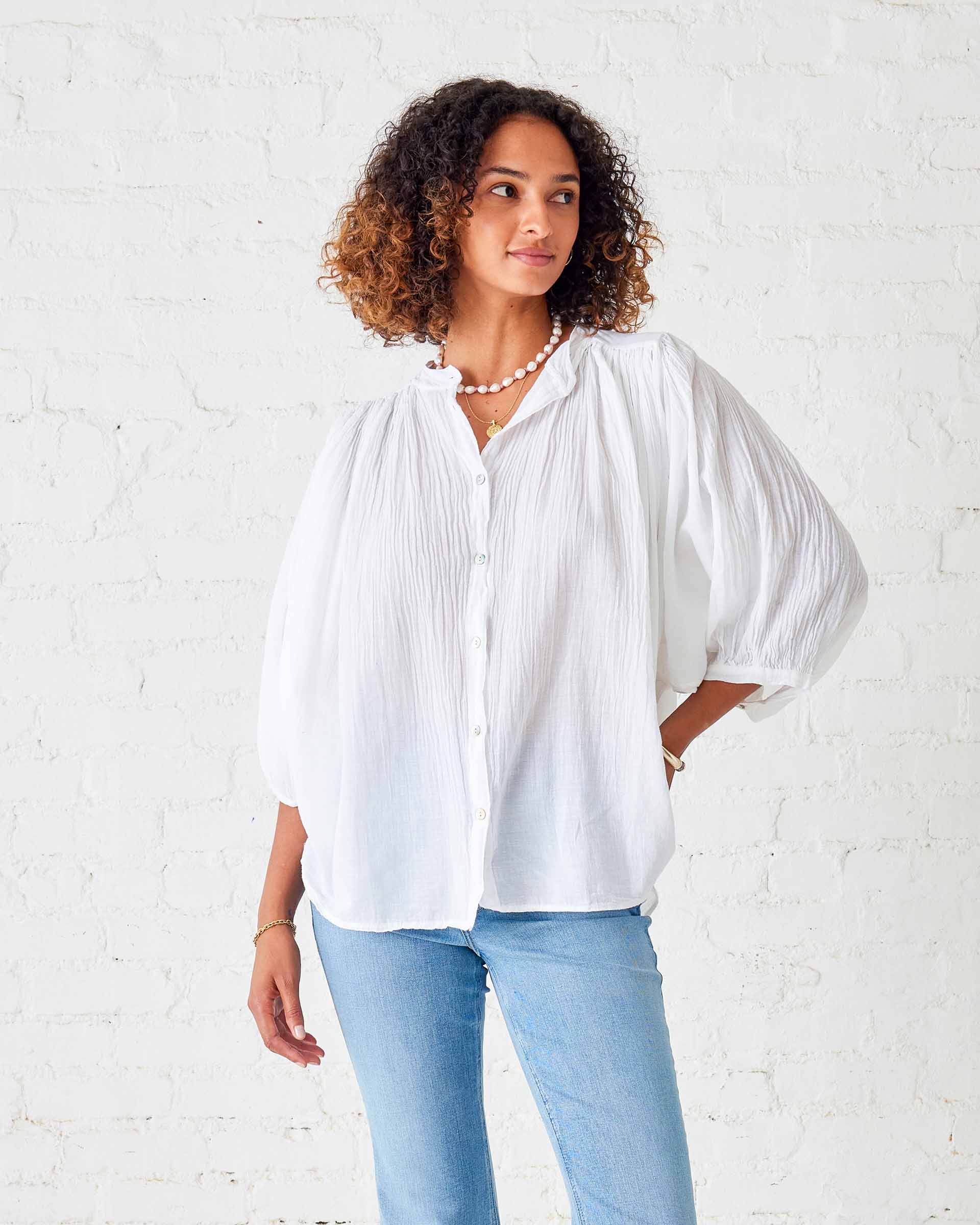 Women's White Ruffle Blouse Long Sleeve