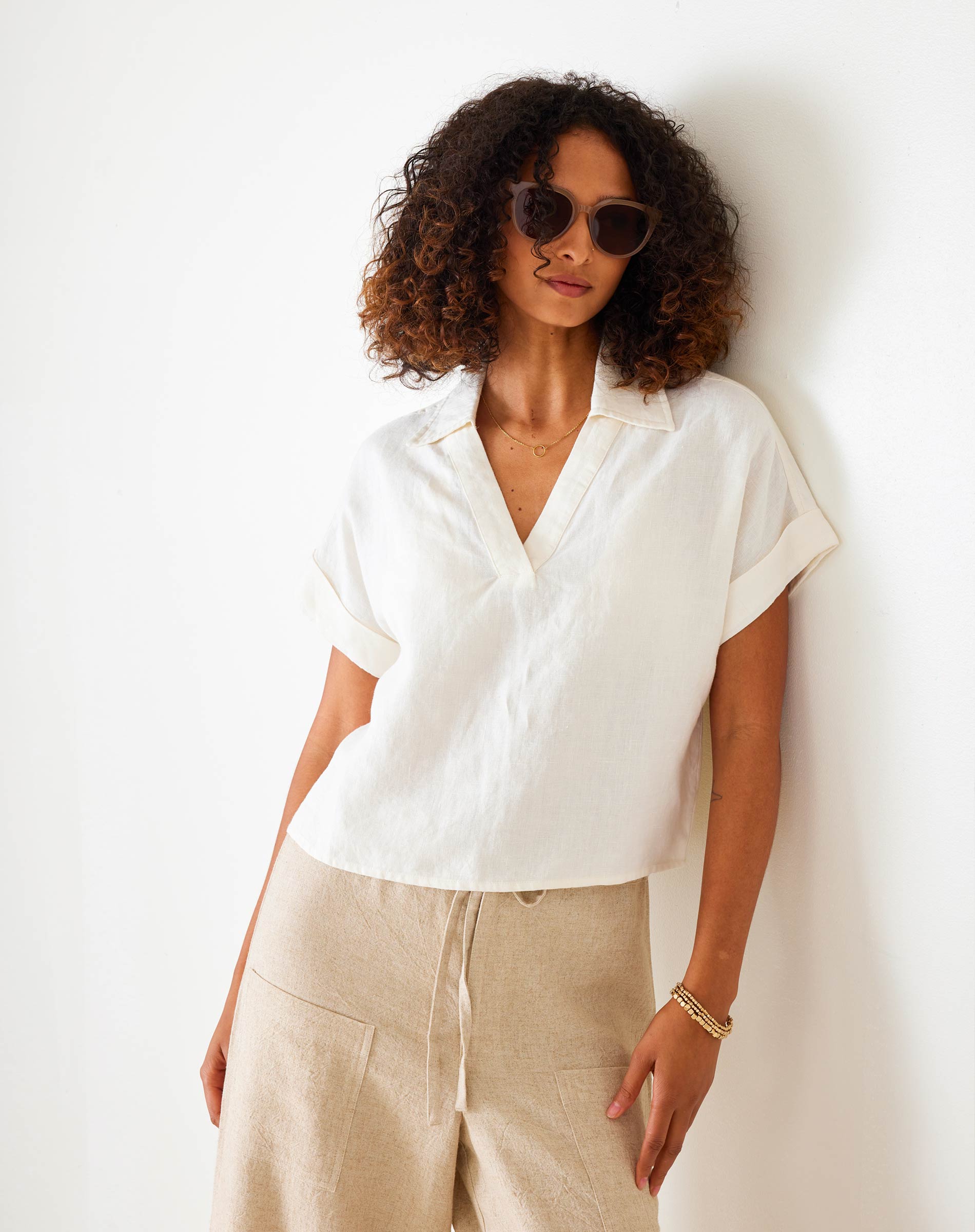 Women's White Short Sleeve Linen Top