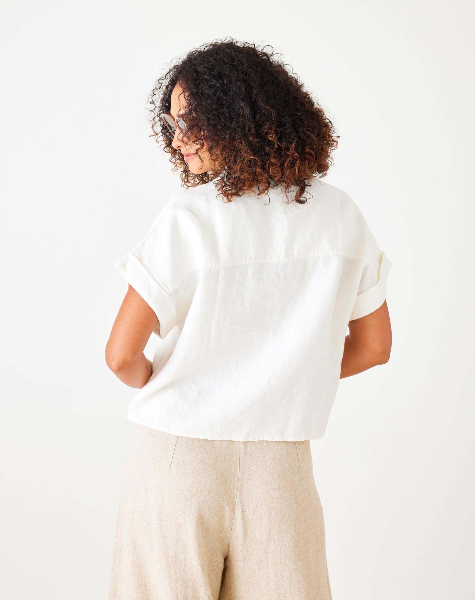 Women's White Short Sleeve Linen Top