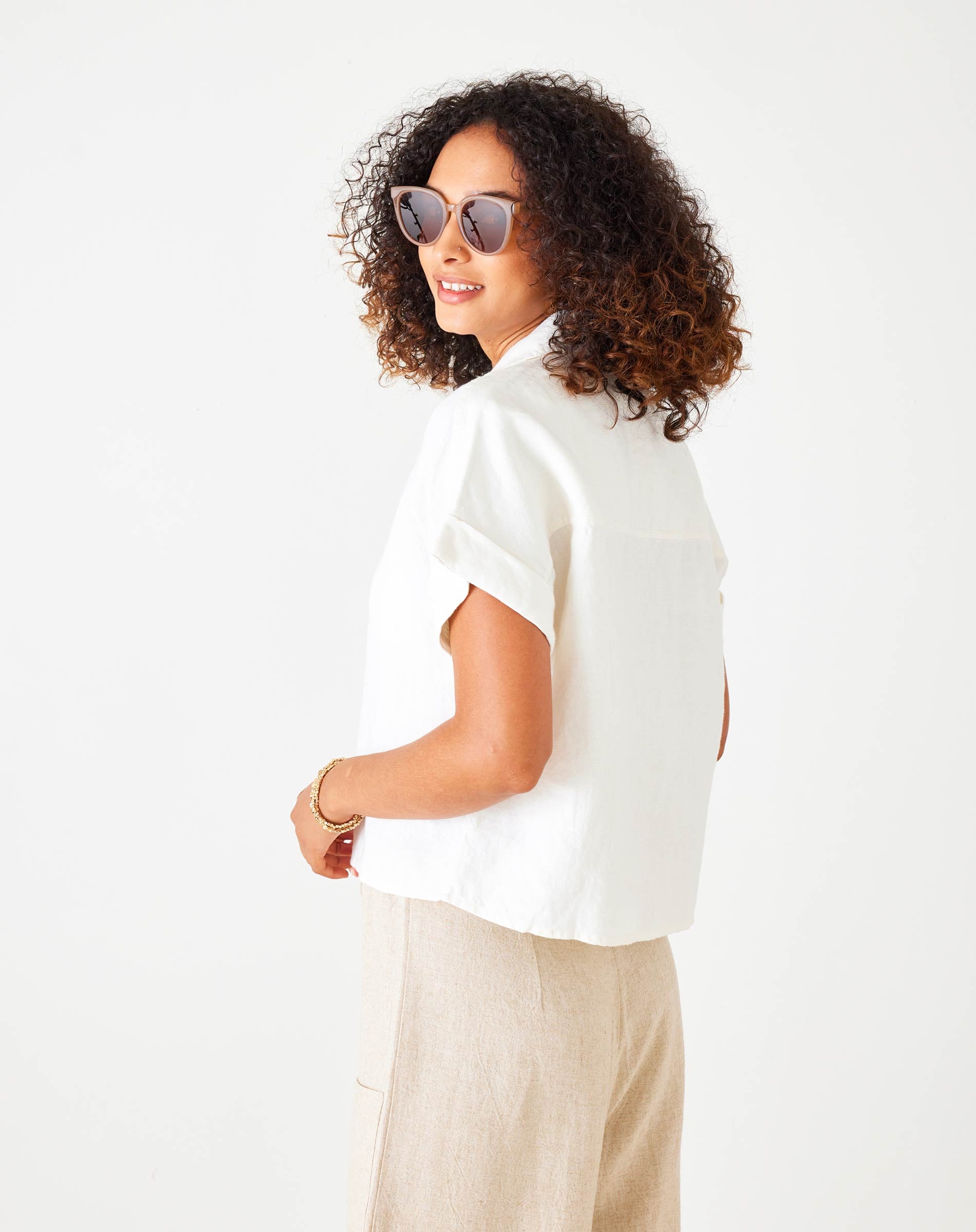 Women's White Short Sleeve Linen Top