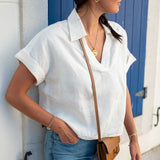 Women's White Short Sleeve Linen Top