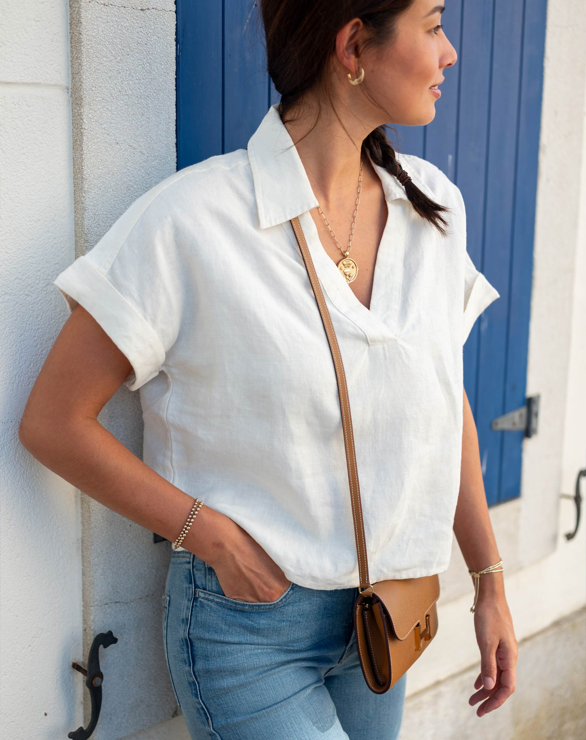 Women's White Short Sleeve Linen Top