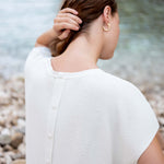Women's One Size White Short Sleeve Sweater with Buttons Down Back Travel Rear View