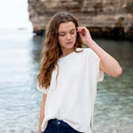 Women's One Size White Short Sleeve Sweater with Buttons Down Back Travel