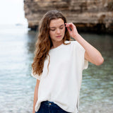 Women's One Size White Short Sleeve Sweater with Buttons Down Back Travel