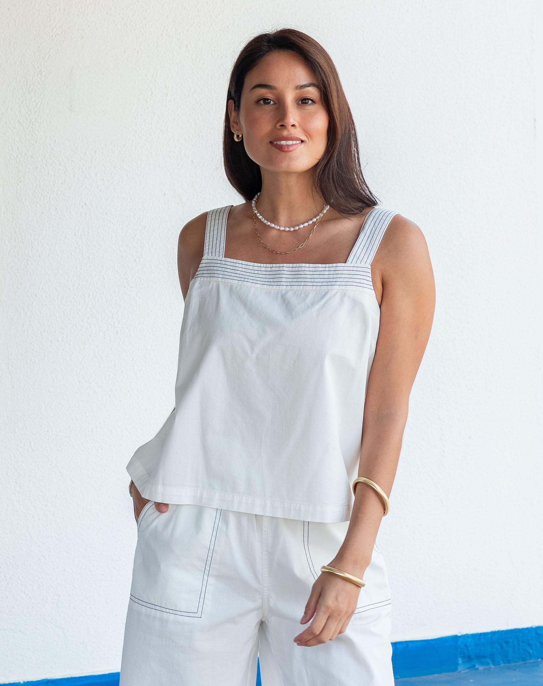 Women's White Square Neck Tank Top With Ruffles