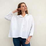 Women's White Pop Up Collar Top Long Sleeve