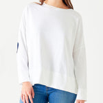 Women's White Oversized Tee with Navy Blue Heart Patch on Elbow