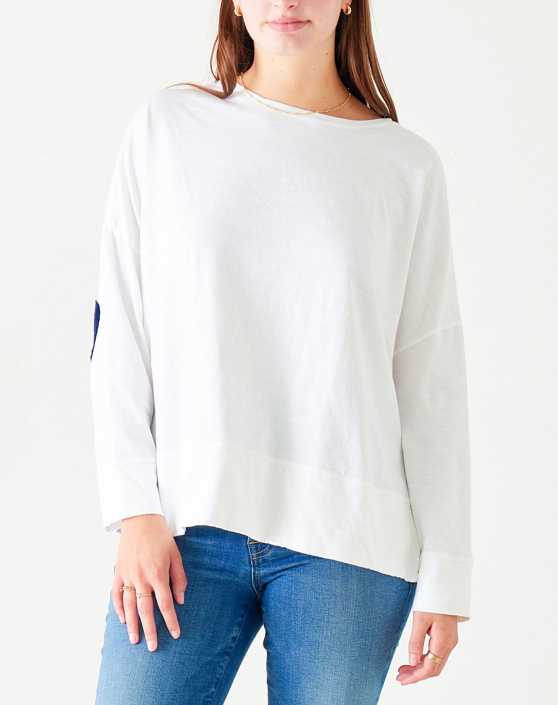 Women's White Oversized Tee with Navy Blue Heart Patch on Elbow