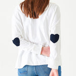 Women's White Oversized Tee with Navy Blue Heart Patch on Elbow