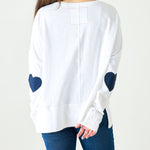 Women's White Oversized Tee with Navy Blue Heart Patch on Elbow