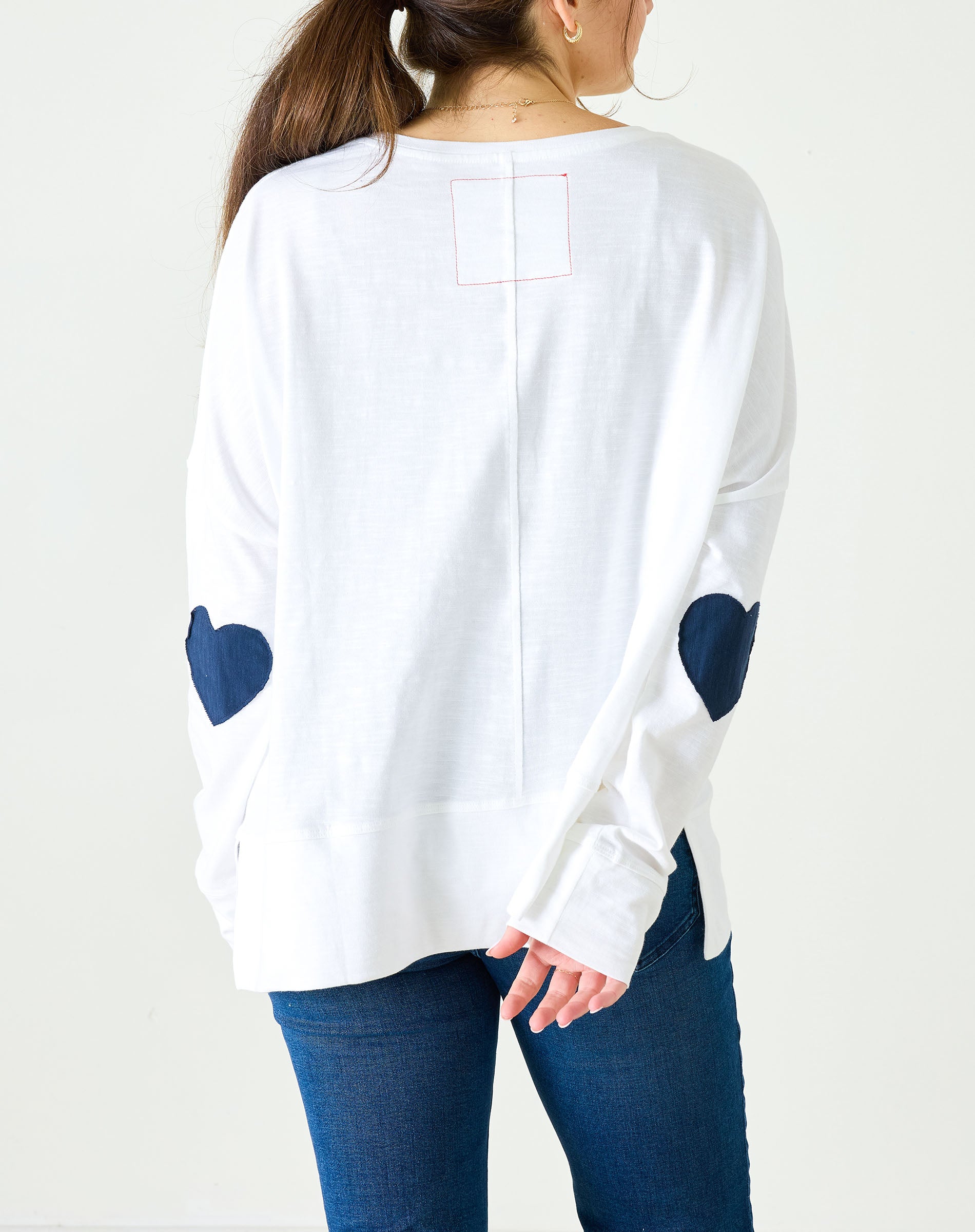 Women's White Oversized Tee with Navy Blue Heart Patch on Elbow