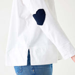 Women's White Oversized Tee with Navy Blue Heart Patch on Elbow