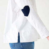 Women's White Oversized Tee with Navy Blue Heart Patch on Elbow