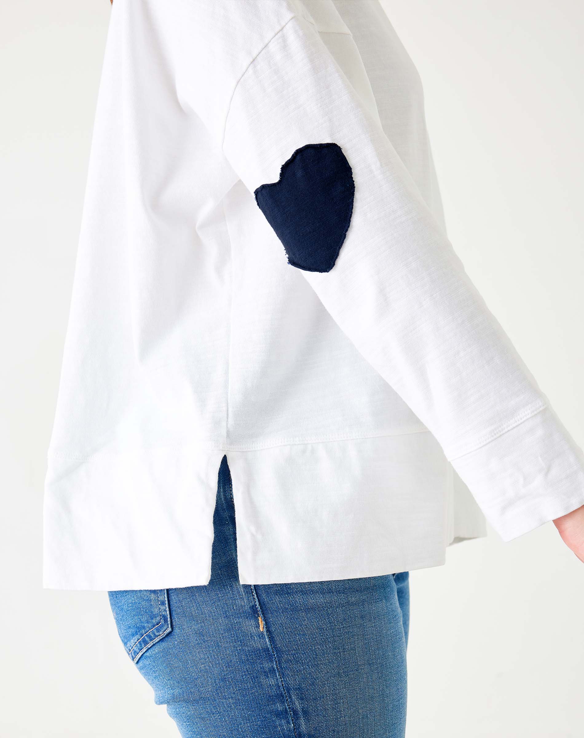 Women's White Oversized Tee with Navy Blue Heart Patch on Elbow