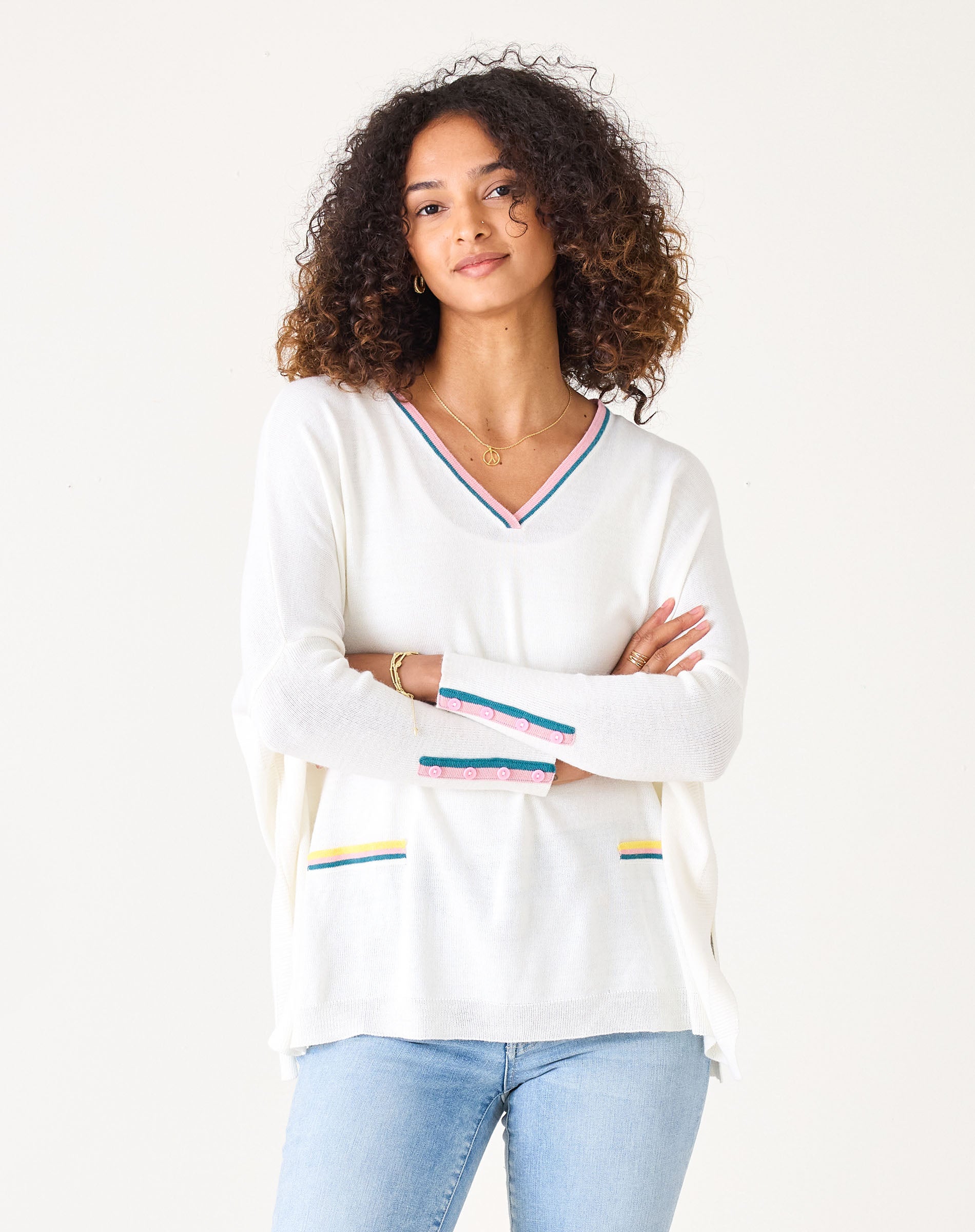 Women's White Vneck Oversized Sweater With Details