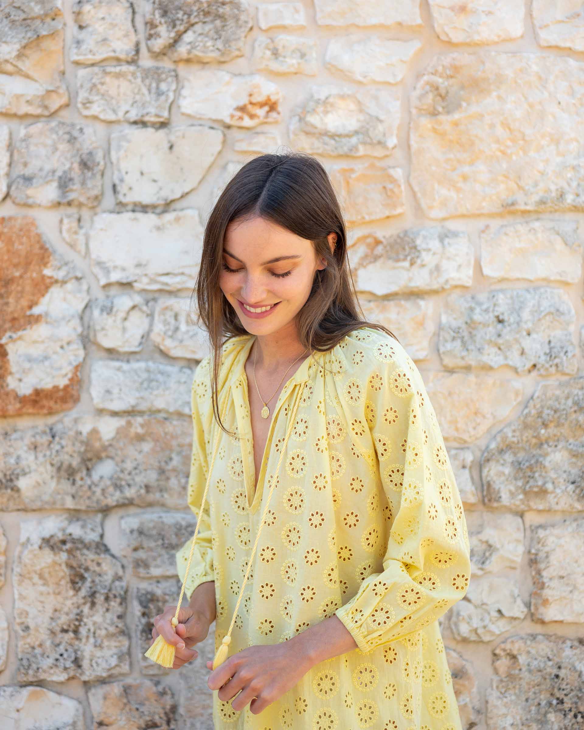 Women's Lightweight Yellow Eyelet Coverup Dress Chest View Travel