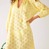 Women's Lightweight Yellow Eyelet Coverup Dress Full Body Front View Holding Bag