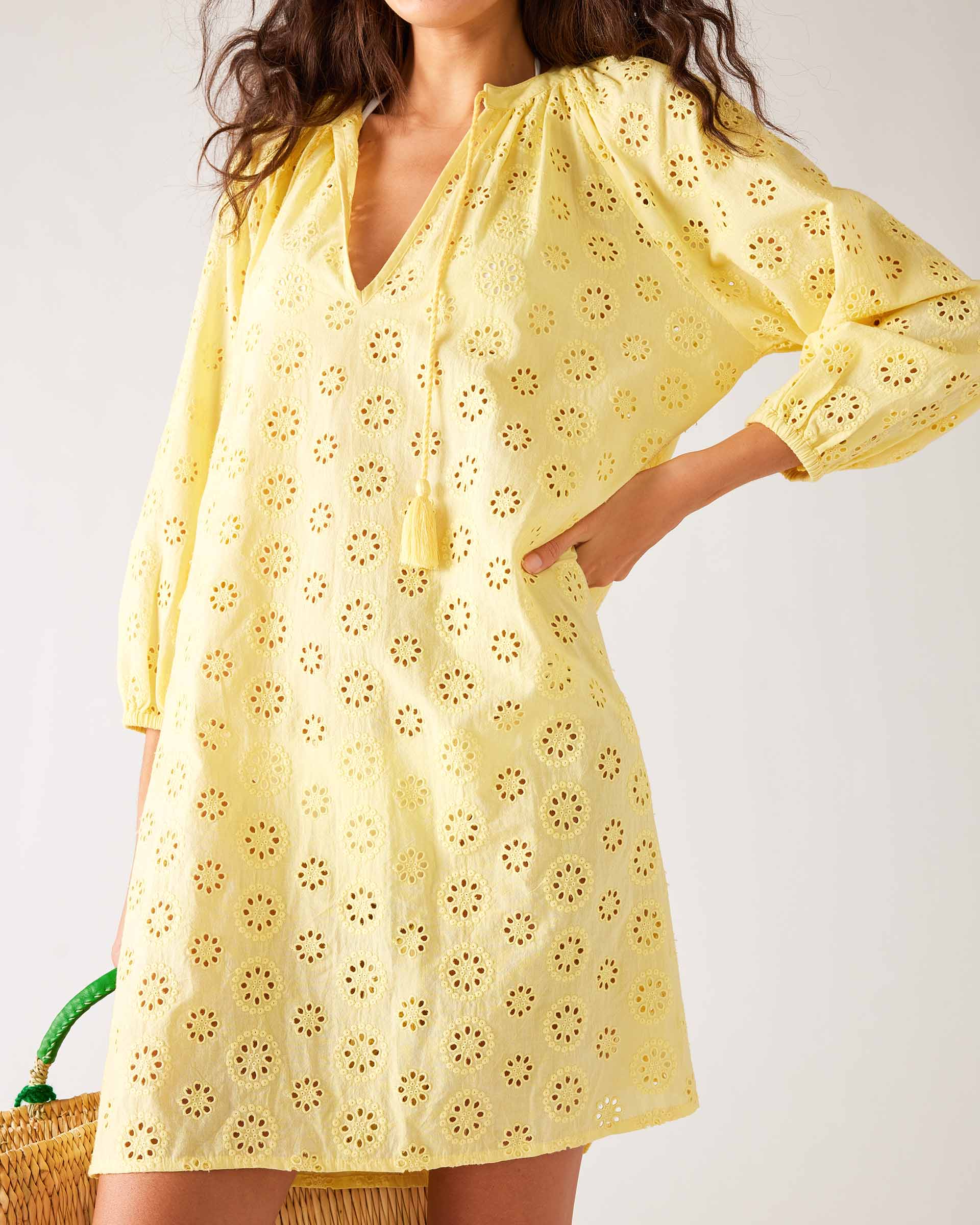 Women's Lightweight Yellow Eyelet Coverup Dress Full Body Front View Holding Bag