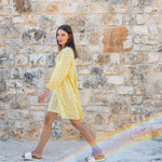 Women's Lightweight Yellow Eyelet Coverup Dress Full Body Front View Walking