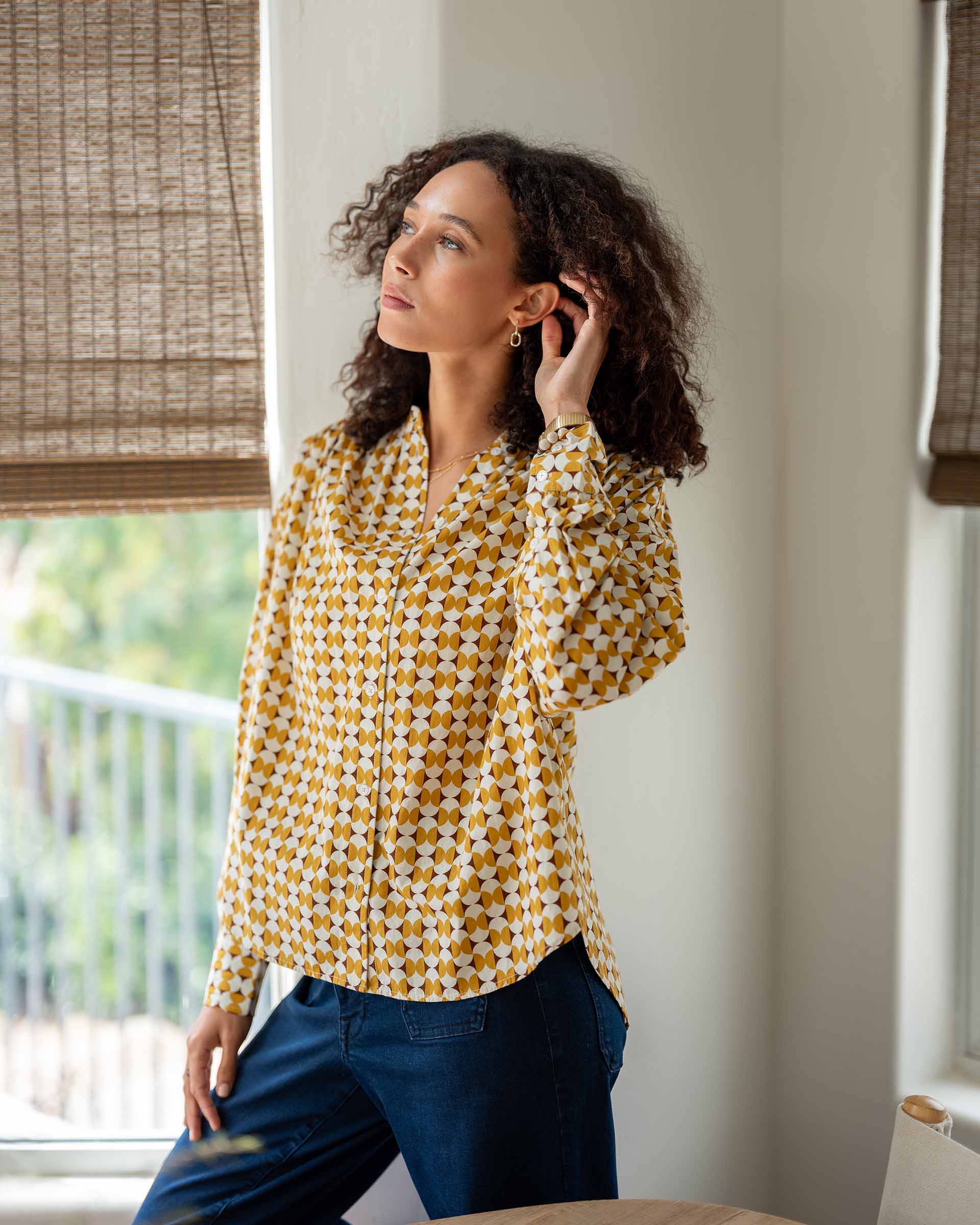 Women's Yellow Long Sleeve Button Up Blouse