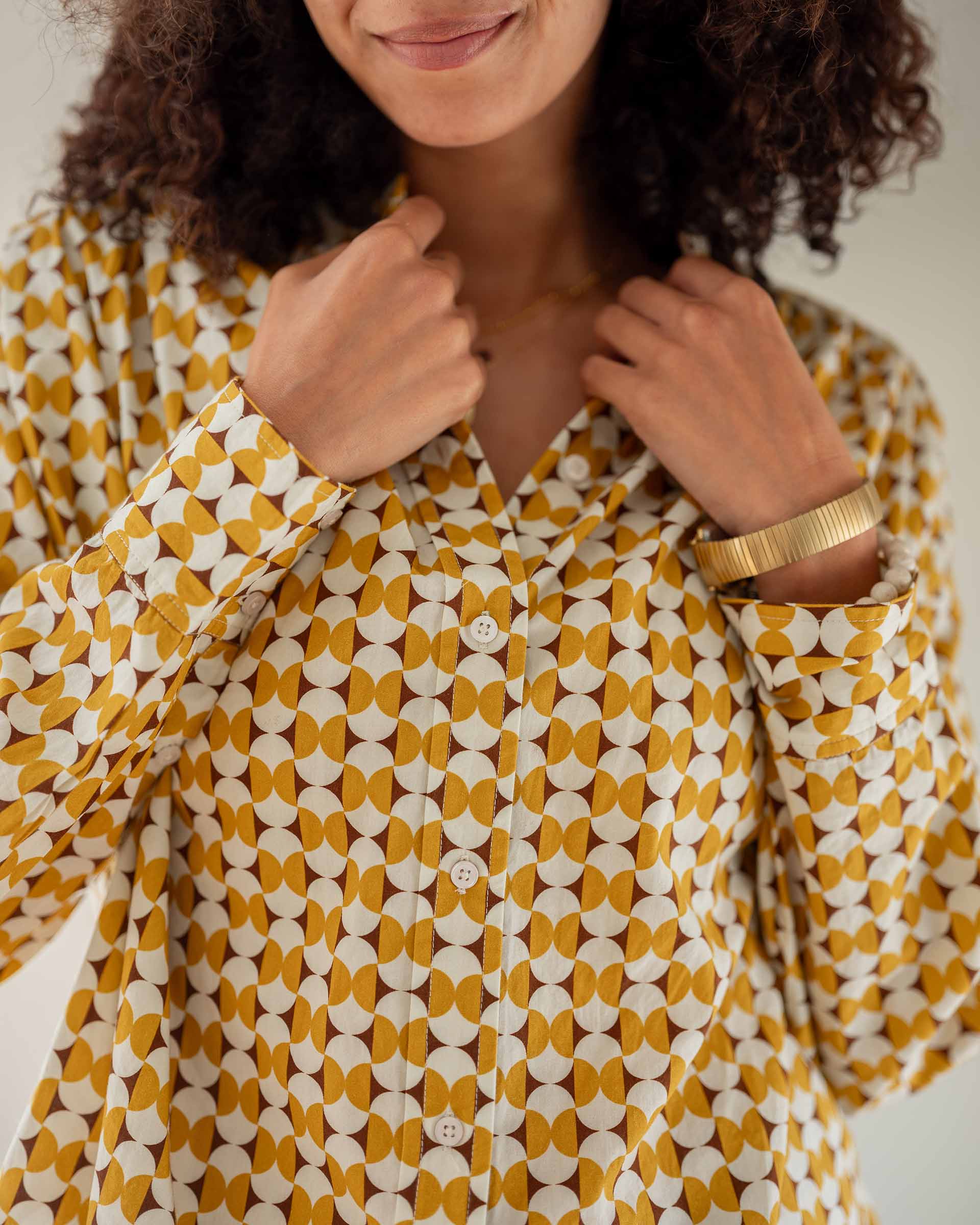 Women's Yellow Long Sleeve Button Up Blouse