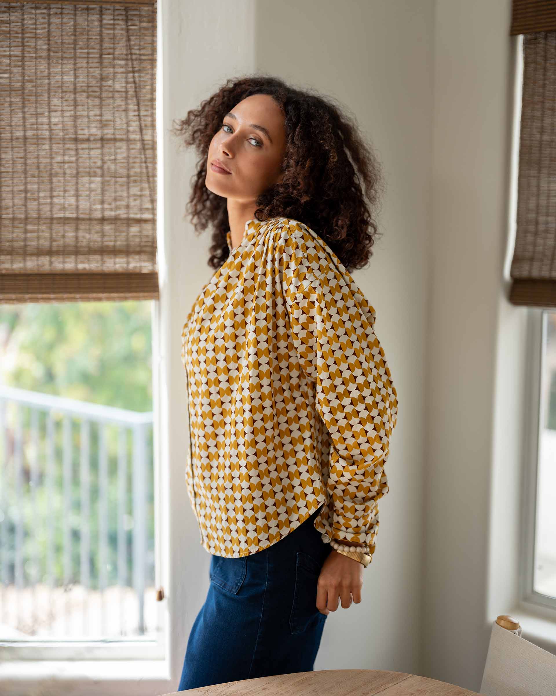 Women's Yellow Long Sleeve Button Up Blouse