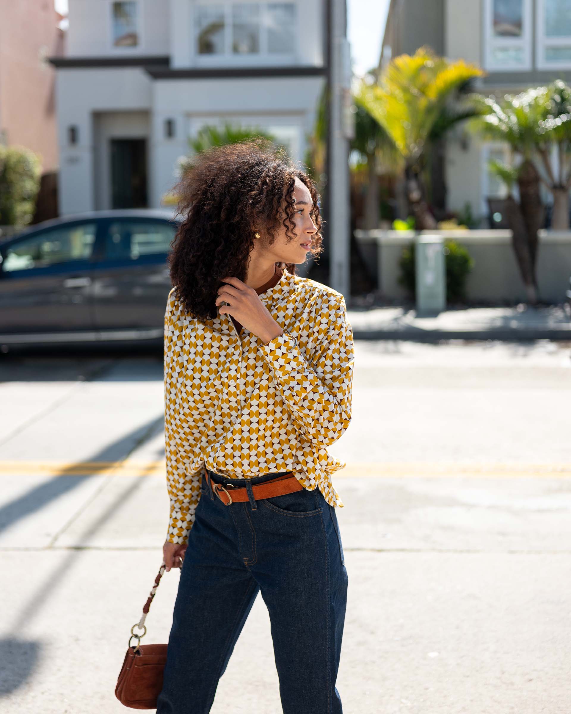 Women's Yellow Long Sleeve Button Up Blouse