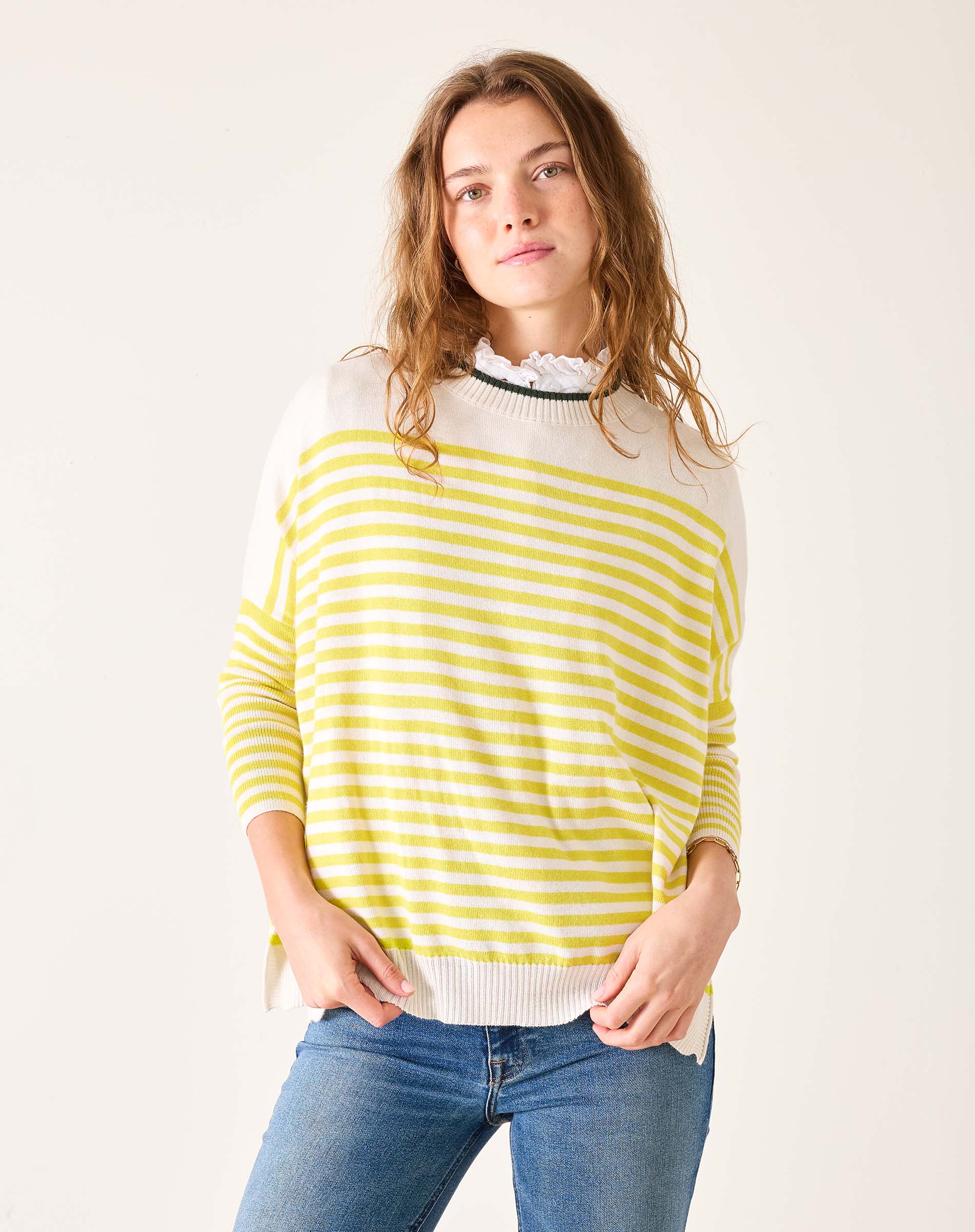 Women's Yellow Striped Mockneck Sweater