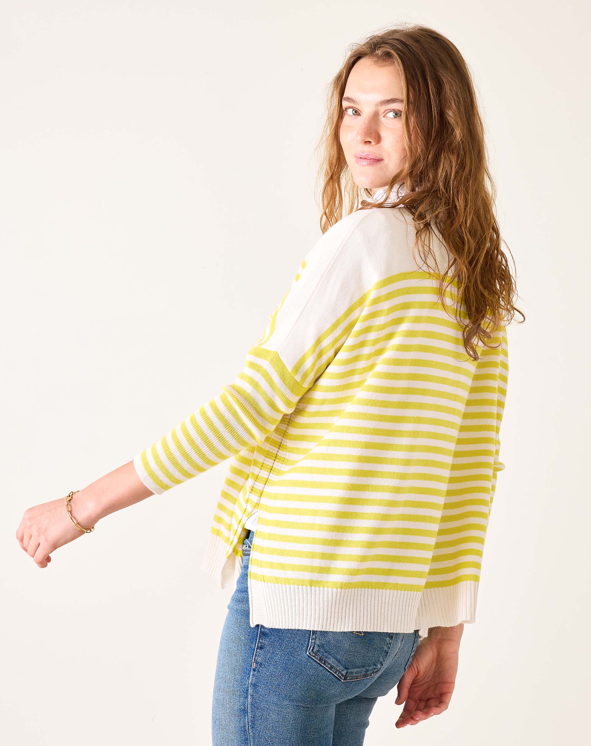 Women's Yellow Striped Mockneck Sweater