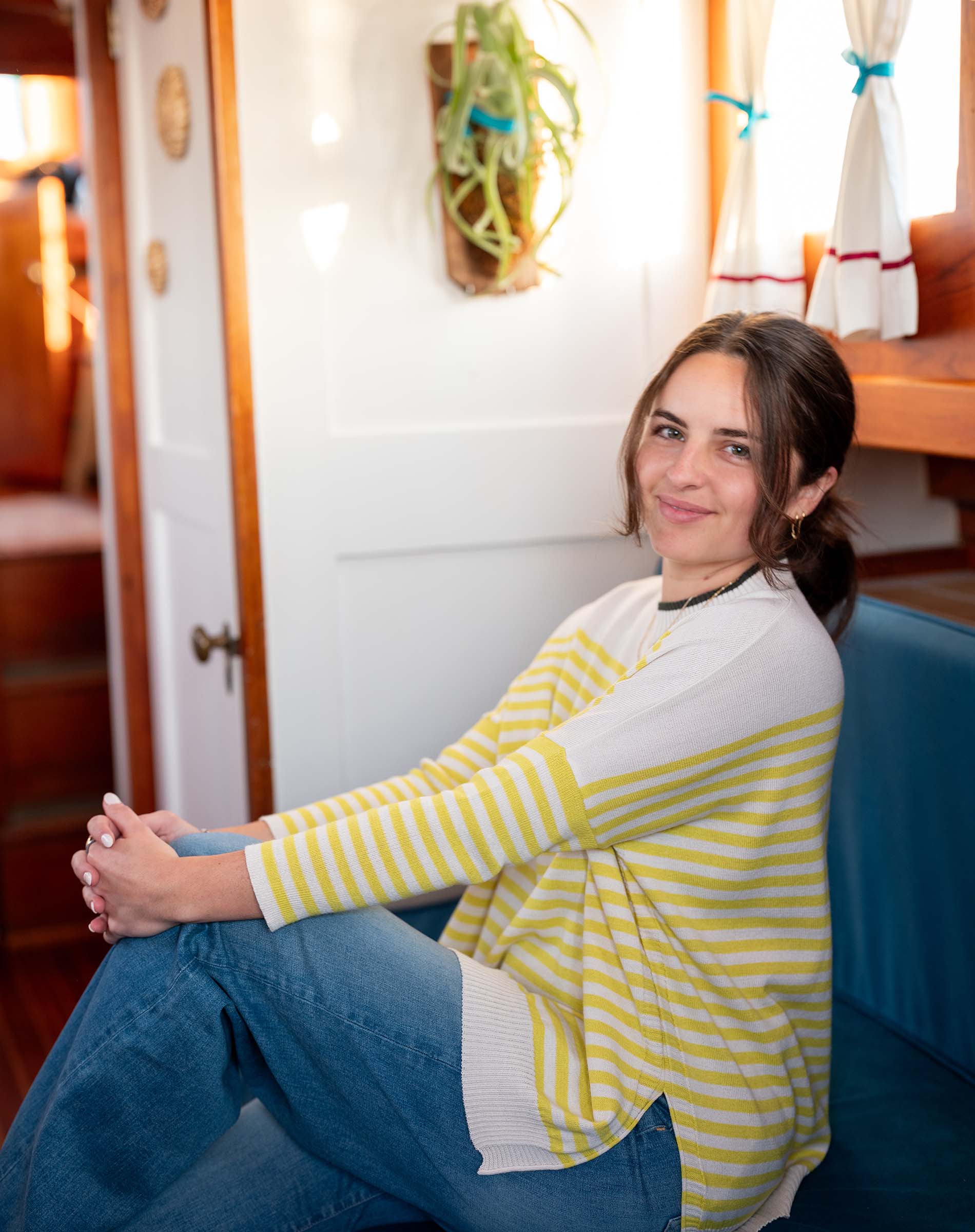 Women's Yellow Striped Mockneck Sweater