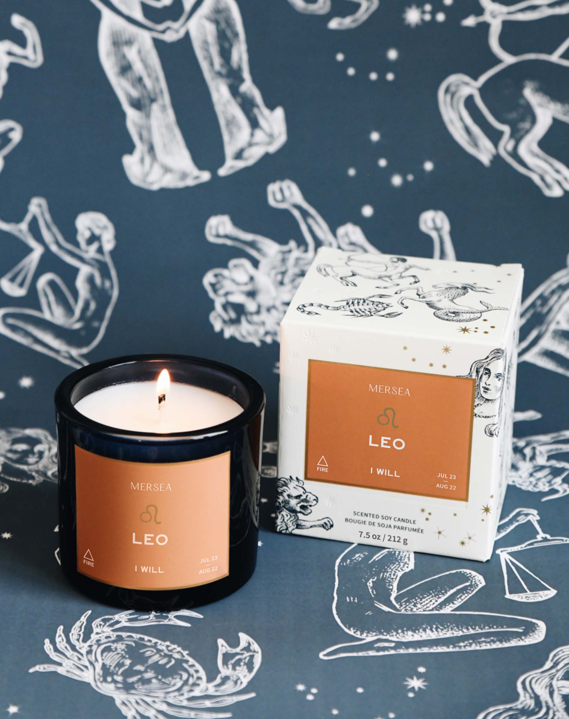 Leo candle and packaging on a dark blue background with astrological illustrations