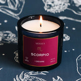 Mersea Scorpio candle on a dark background with astrological design