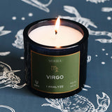Candle with a 'Virgo' label on a blue background with zodiac illustrations