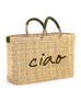 Market straw basket with green leather handles and Ciao embroidered in black 