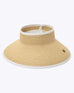 straw roll-up wide brim visor hat with opening on the top and white trim on a white background