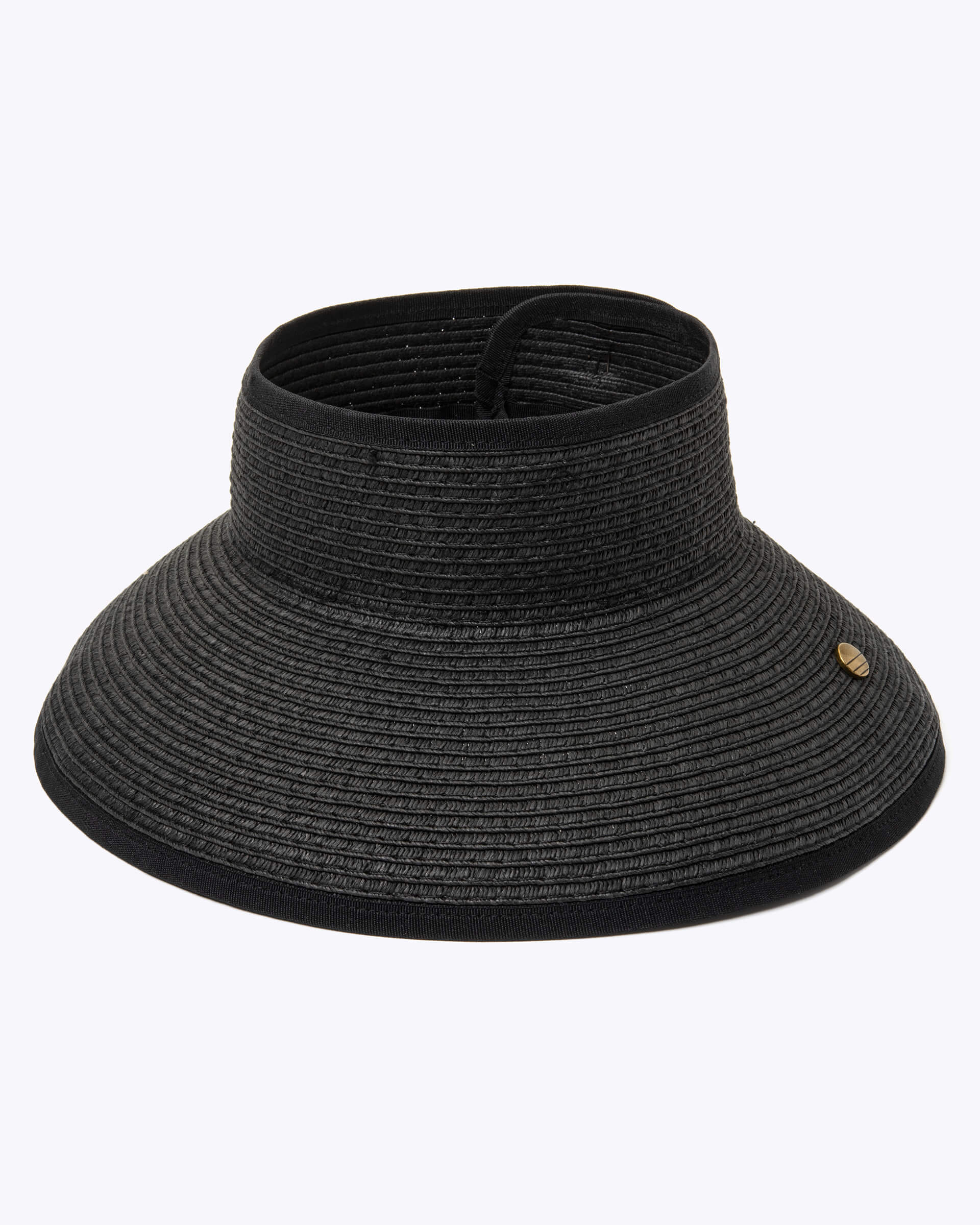 black roll-up wide brim visor hat that snaps together with opening on the top on a white background