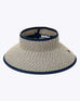 straw roll-up wide brim visor hat with opening on the top and black trim on a white background