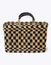 medium straw black check basket wrapped with black leather handle on a white background