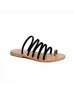 black leather strappy sandals with silver toe angeled on a white background