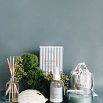 sea change diffuser, candle, room spray, shell and greenery on a teal background