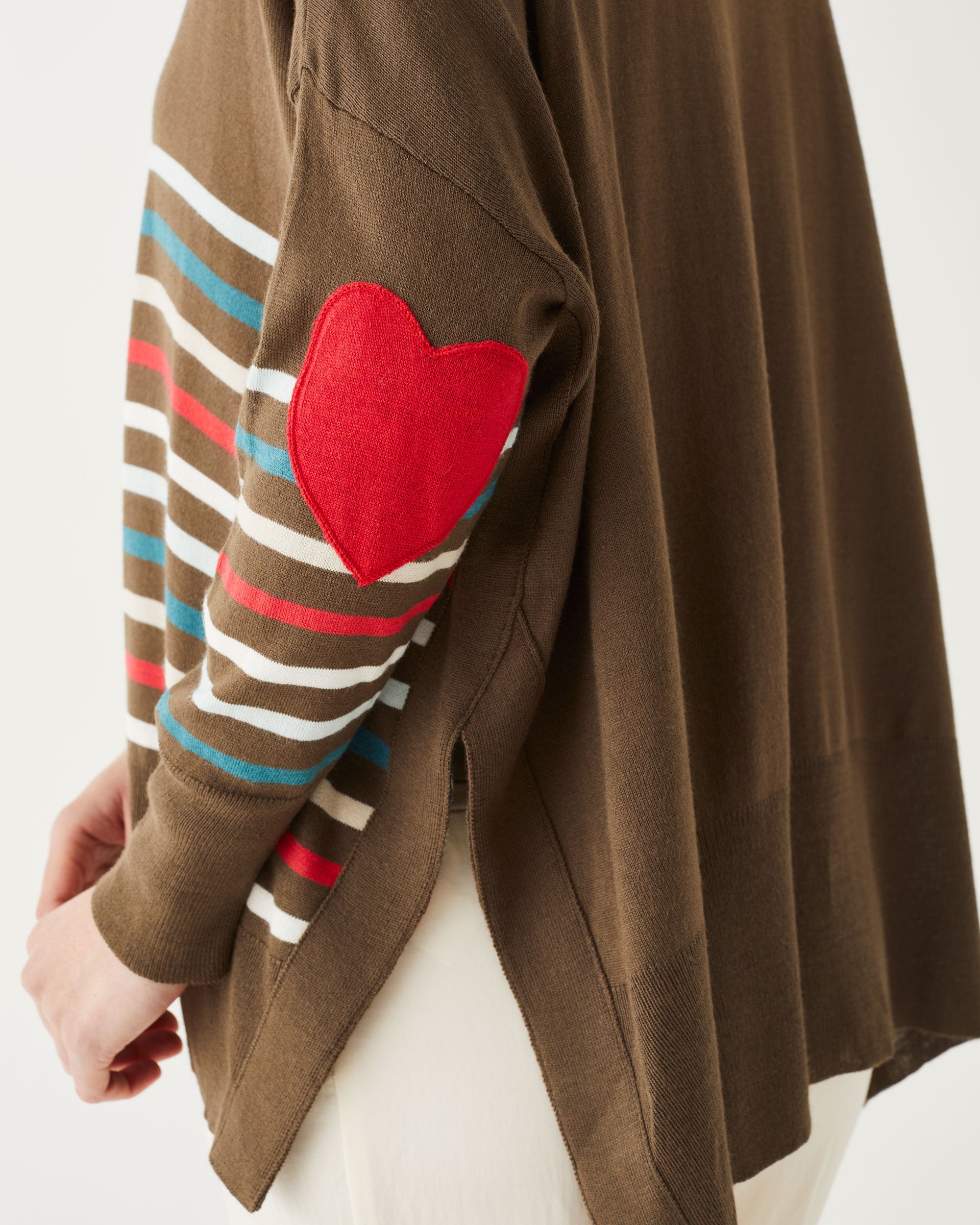 Brown amour Sweater in multicolor stripes with red heart elbow patch