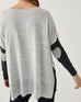 closeup rearview of Amour Sweater in grey stripes with grey heart elbow patch