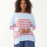 female wearing blue and red striped sweater with a navy heart elbow patch on a white background