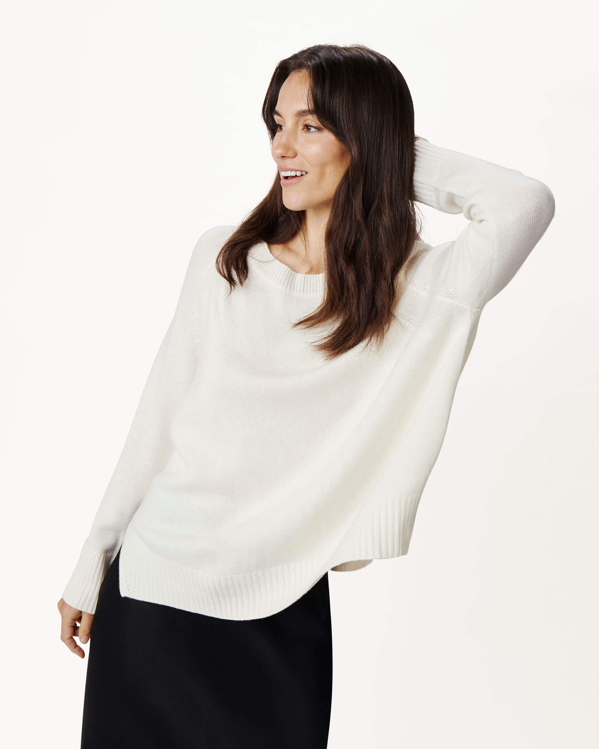 woman wearing mersea banff cashmere sweater in winter white